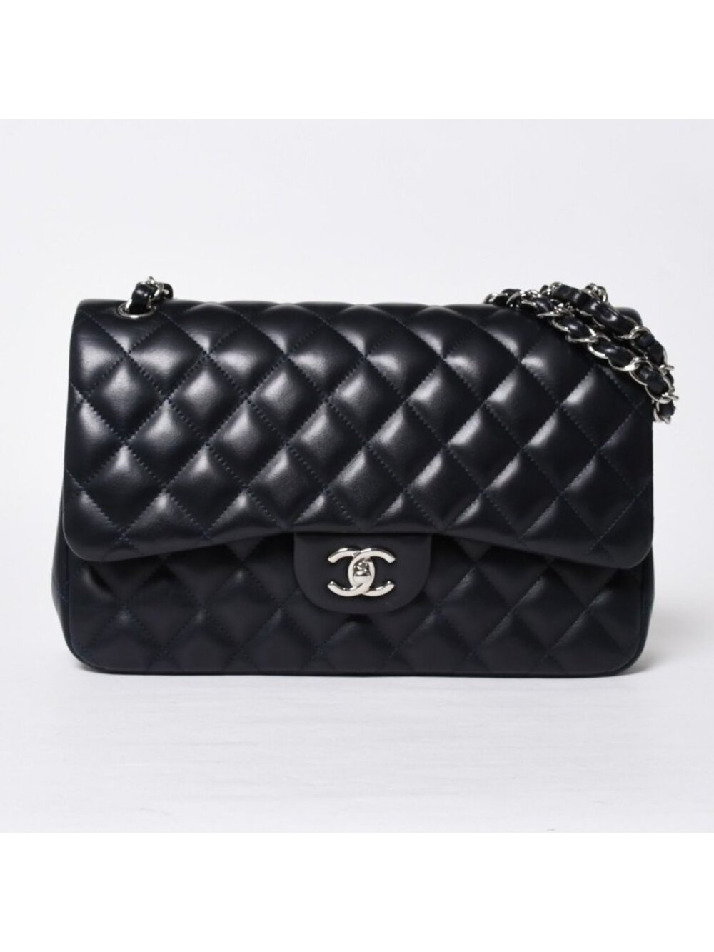 Chanel Chain Shoulder Bag Lambskin Quilted 30 Double Flap Navy Silver